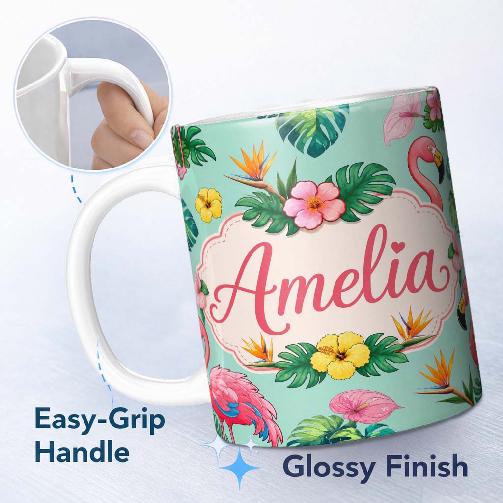 Personalized Custom Name Tropical Flamingo Bird with Exotic Flowers Leaves Pattern Mint 11oz Ceramic Coffee Tea Mug White Large Handle