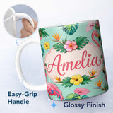 Personalized Custom Name Tropical Flamingo Bird with Exotic Flowers Leaves Pattern Mint 11oz Ceramic Coffee Tea Mug White Large Handle