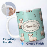 Personalized Custom Name Cute Alpaca Llama Pattern with Floral Sprigs on Teal Background 11oz Ceramic Coffee Tea Mug White Large Handle