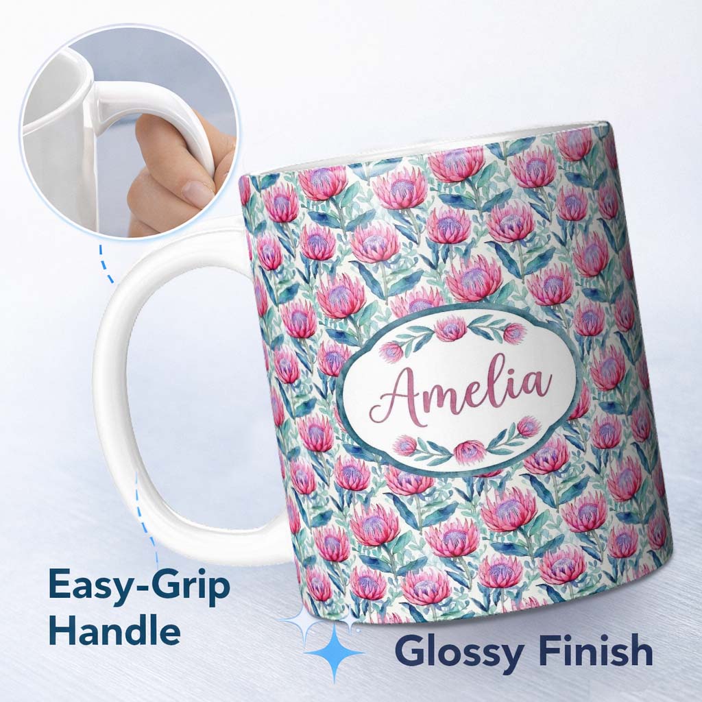 Personalized Custom Name Bright Pink Protea Flowers with Blue Green Leaves Seamless Pattern 11oz Ceramic Coffee Tea Mug White Large Handle