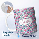 Personalized Custom Name Bright Pink Protea Flowers with Blue Green Leaves Seamless Pattern 11oz Ceramic Coffee Tea Mug White Large Handle