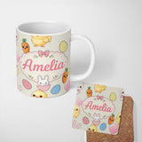 Personalized Custom Name Cute Easter Bunny Chick Eggs Carrot Cute Seamless Pattern Cream 11oz Ceramic Coffee Tea Mug White Large Handle
