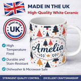 Personalized Custom Name Minimal Christmas Trees Red Blue Yellow Stars Modern Seamless Lovely 11oz Ceramic Coffee Tea Mug White Large Handle