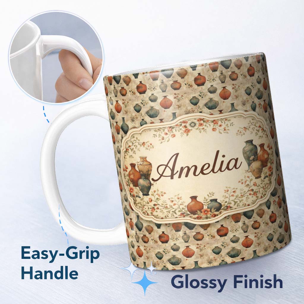 Personalized Custom Name Vintage Pottery and Botanical Elements Pattern in Warm Neutral Tones 11oz Ceramic Coffee Tea Mug White Large Handle