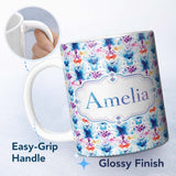 Personalized Custom Name Blue Purple Watercolor Floral Abstract Artistic Seamless Pattern 11oz Ceramic Coffee Tea Mug White Large Handle