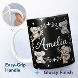 Personalized Custom Name Cute Cartoon Koala Bears with Stars on Soft Grey Background Seamless 11oz Ceramic Coffee Tea Mug White Large Handle