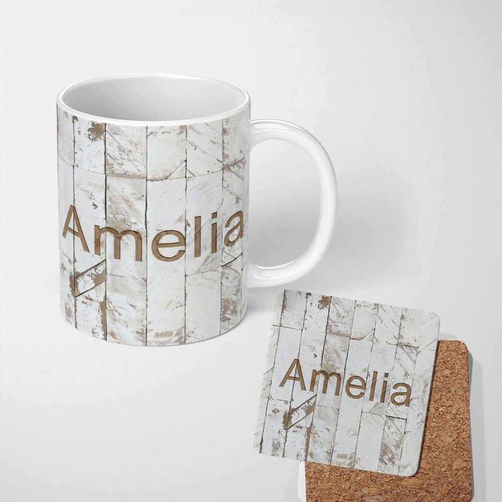 Personalized Custom Name Distressed White Wood Herringbone Rustic Texture Seamless Pattern 11oz Ceramic Coffee Tea Mug White Large Handle