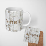 Personalized Custom Name Distressed White Wood Herringbone Rustic Texture Seamless Pattern 11oz Ceramic Coffee Tea Mug White Large Handle
