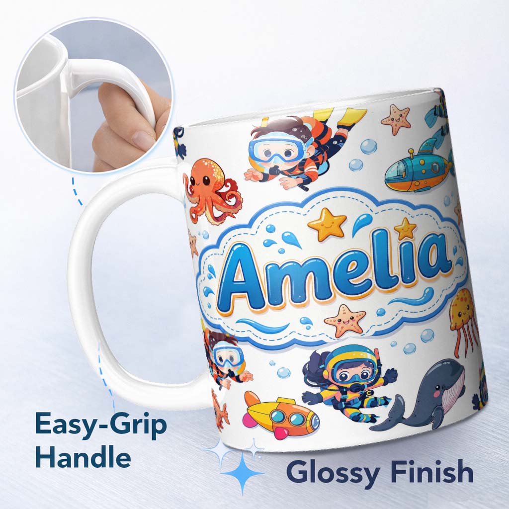 Personalized Custom Name Kids Scuba Divers Submarine Jellyfish Ocean Animals Light Grey 11oz Ceramic Coffee Tea Mug White Large Handle