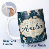 Personalized Custom Name Soft Coral Jellyfish on Light Aqua Background Seamless Underwater 11oz Ceramic Coffee Tea Mug White Large Handle