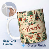 Personalized Custom Name Modern Christmas Trees Gifts Stars Ornaments Festive Seamless Lovely 11oz Ceramic Coffee Tea Mug White Large Handle