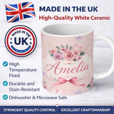 Personalized Custom Name Elegant Watercolor Rose Bouquet Ribbon Butterfly Pink Background 11oz Ceramic Coffee Tea Mug White Large Handle