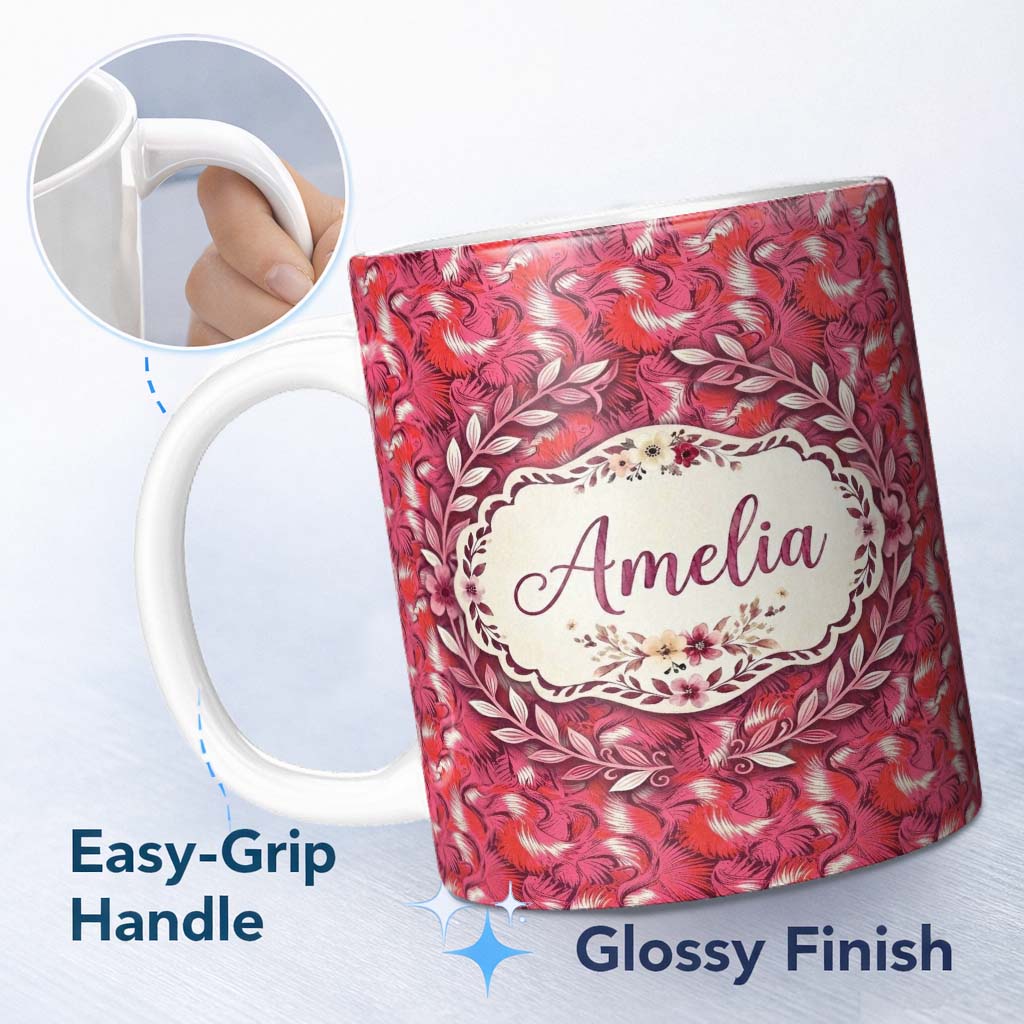 Personalized Custom Name Bold Red Flamingo Birds Tropical Pattern Seamless Design Lovely 11oz Ceramic Coffee Tea Mug White Large Handle