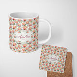 Personalized Custom Name Pink and Yellow Protea Blossoms Watercolor Seamless Pattern Lovely 11oz Ceramic Coffee Tea Mug White Large Handle