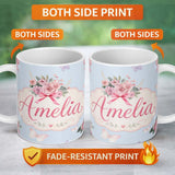 Personalized Custom Name Cute Watercolor Floral Roses with Red Ribbon and Butterflies Blue 11oz Ceramic Coffee Tea Mug White Large Handle