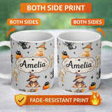 Personalized Custom Name Cute Halloween Teddy Bears Mummy Witch Cat Pumpkin Stars Grey 11oz Ceramic Coffee Tea Mug White Large Handle
