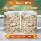 Personalized Custom Name Elegant Botanical Vine Floral Neutral Tone Seamless Pattern Lovely 11oz Ceramic Coffee Tea Mug White Large Handle