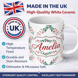 Personalized Custom Name Watercolor Holly Berry Wreath Leaves Festive Seamless Pattern Lovely 11oz Ceramic Coffee Tea Mug White Large Handle