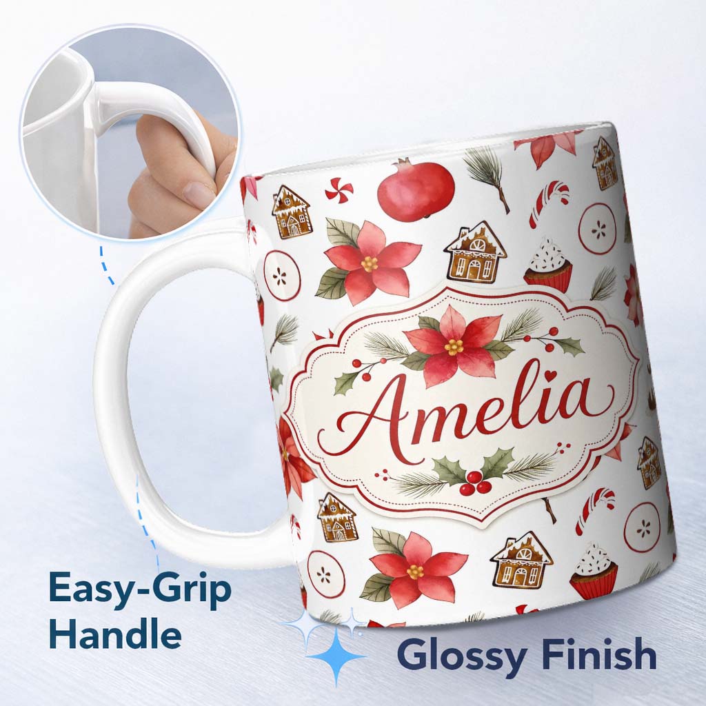 Personalized Custom Name Poinsettia Flower Pomegranate Holiday Treats Seamless Pattern Lovely 11oz Ceramic Coffee Tea Mug White Large Handle