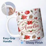 Personalized Custom Name Poinsettia Flower Pomegranate Holiday Treats Seamless Pattern Lovely 11oz Ceramic Coffee Tea Mug White Large Handle