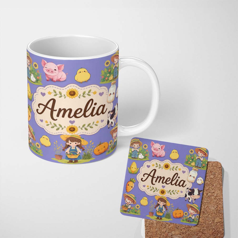 Personalized Custom Name Cute Farm Girl Animals Harvest Seamless Pattern Purple Background 11oz Ceramic Coffee Tea Mug White Large Handle