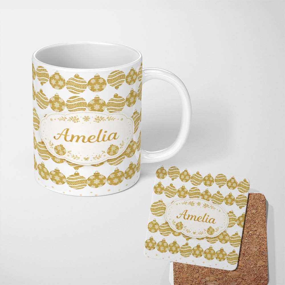Personalized Custom Name Gold Christmas Baubles Glitter Festive Seamless Pattern Lovely 11oz Ceramic Coffee Tea Mug White Large Handle