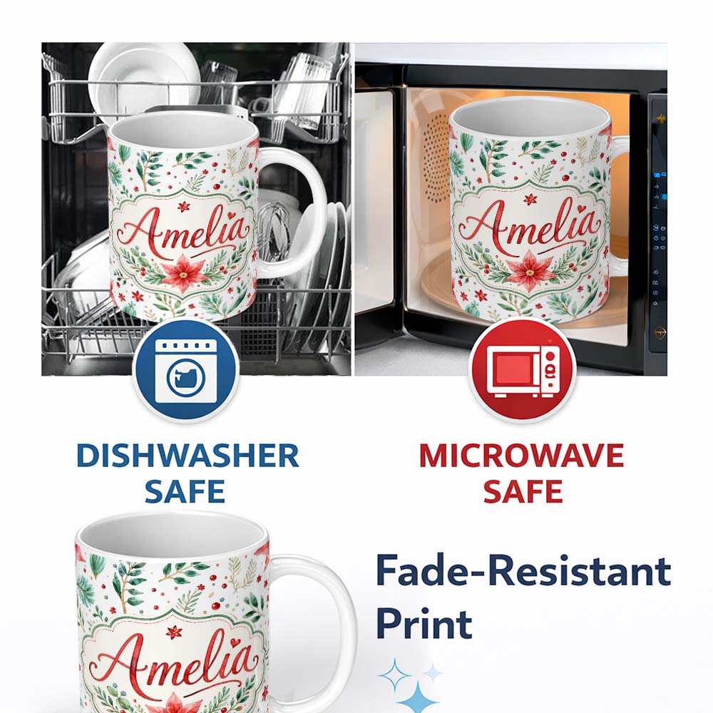 Personalized Custom Name Elegant Poinsettia Floral Holiday Botanical Seamless Pattern Lovely 11oz Ceramic Coffee Tea Mug White Large Handle
