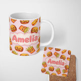 Personalized Custom Name Cute Kawaii Burger Fries Hotdog Fast Food Soft Pink Background 11oz Ceramic Coffee Tea Mug White Large Handle