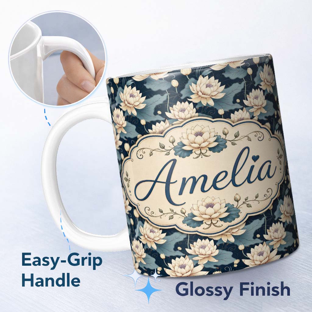 Personalized Custom Name Cream Lotus Flowers on Deep Navy Background with Decorative Leaves 11oz Ceramic Coffee Tea Mug White Large Handle