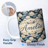 Personalized Custom Name Cream Lotus Flowers on Deep Navy Background with Decorative Leaves 11oz Ceramic Coffee Tea Mug White Large Handle