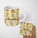 Personalized Custom Name Cute Cartoon Safari Animals with Stars on Warm Beige Background 11oz Ceramic Coffee Tea Mug White Large Handle