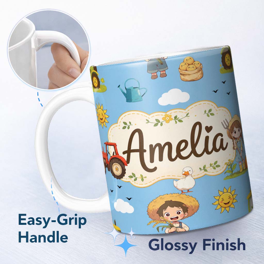 Personalized Custom Name Cute Farm Scene Tractor Duck Farmer Child Clouds Blue Background 11oz Ceramic Coffee Tea Mug White Large Handle