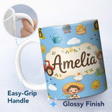 Personalized Custom Name Cute Farm Scene Tractor Duck Farmer Child Clouds Blue Background 11oz Ceramic Coffee Tea Mug White Large Handle