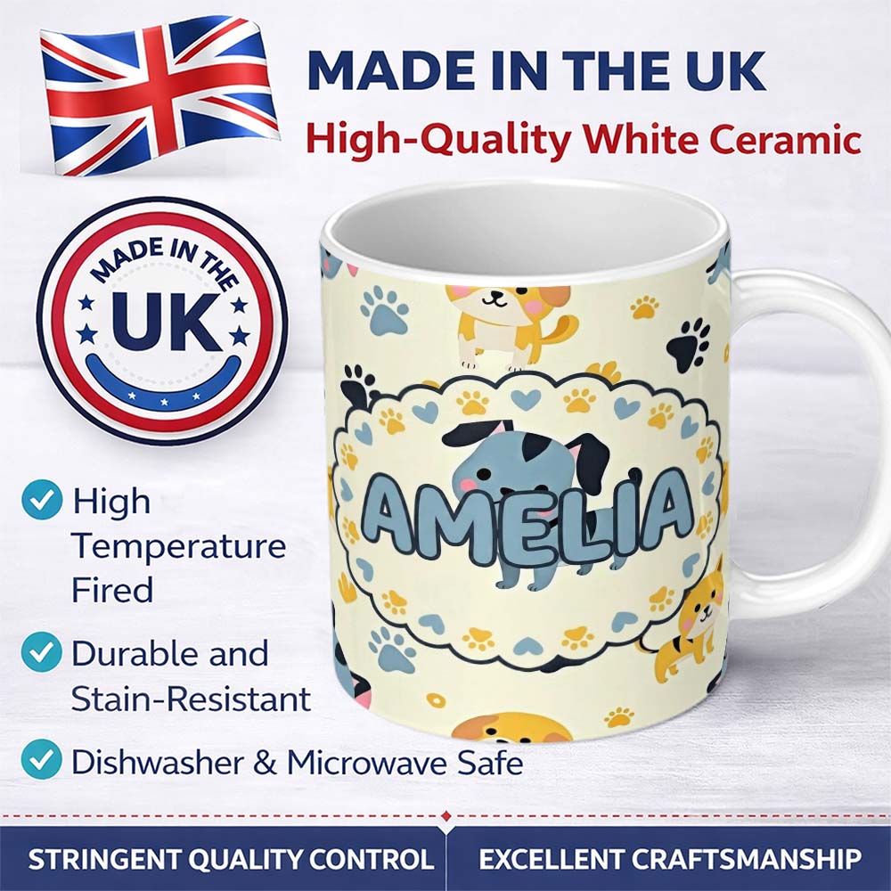 Personalized Custom Name Cute Cartoon Puppies and Paw Prints Kawaii Style Seamless Pattern 11oz Ceramic Coffee Tea Mug White Large Handle