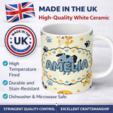 Personalized Custom Name Cute Cartoon Puppies and Paw Prints Kawaii Style Seamless Pattern 11oz Ceramic Coffee Tea Mug White Large Handle