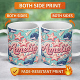 Personalized Custom Name Cute Kawaii Whale Starfish Seashell Ocean Animals Mint Background 11oz Ceramic Coffee Tea Mug White Large Handle