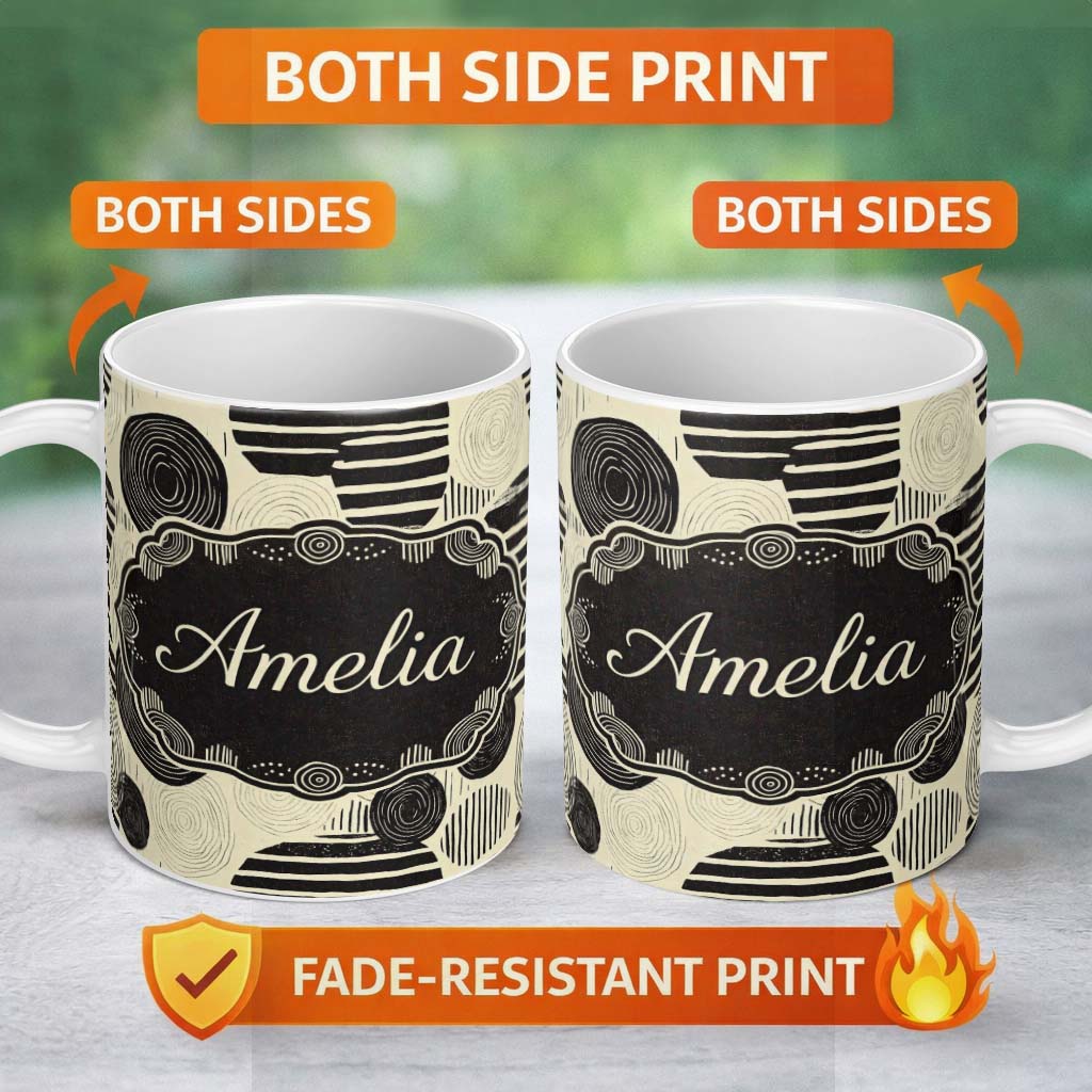 Personalized Custom Name Neutral Patch Blocks Black Beige Modern Abstract Pattern Lovely 11oz Ceramic Coffee Tea Mug White Large Handle