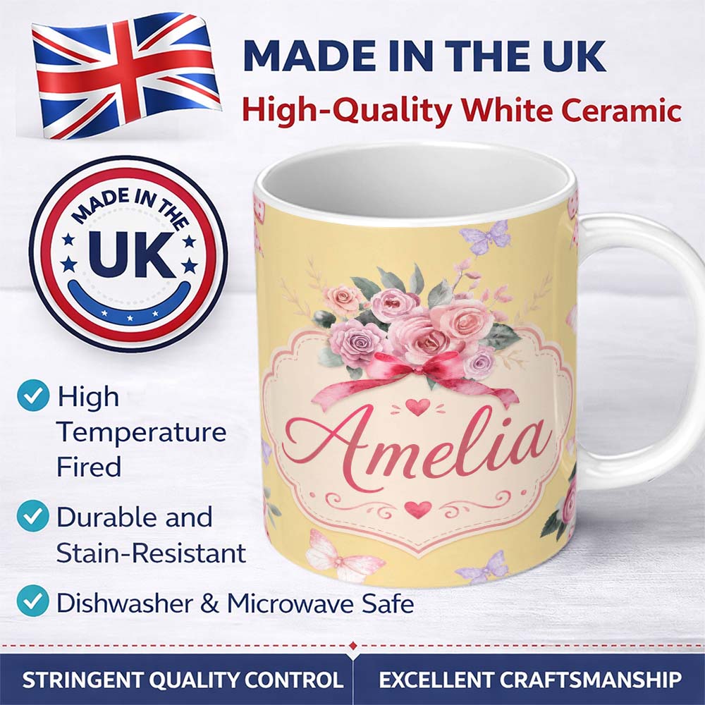 Personalized Custom Name Cute Watercolor Roses Bouquet with Red Ribbon Soft Yellow Background 11oz Ceramic Coffee Tea Mug White Large Handle