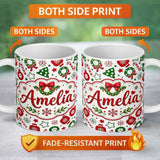 Personalized Custom Name Cute Christmas Ornaments Candy Cane Tree Wreath Seamless Pattern 11oz Ceramic Coffee Tea Mug White Large Handle