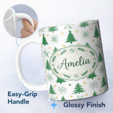 Personalized Custom Name Minimal Green Christmas Trees with Snowflakes and Stars Seamless 11oz Ceramic Coffee Tea Mug White Large Handle