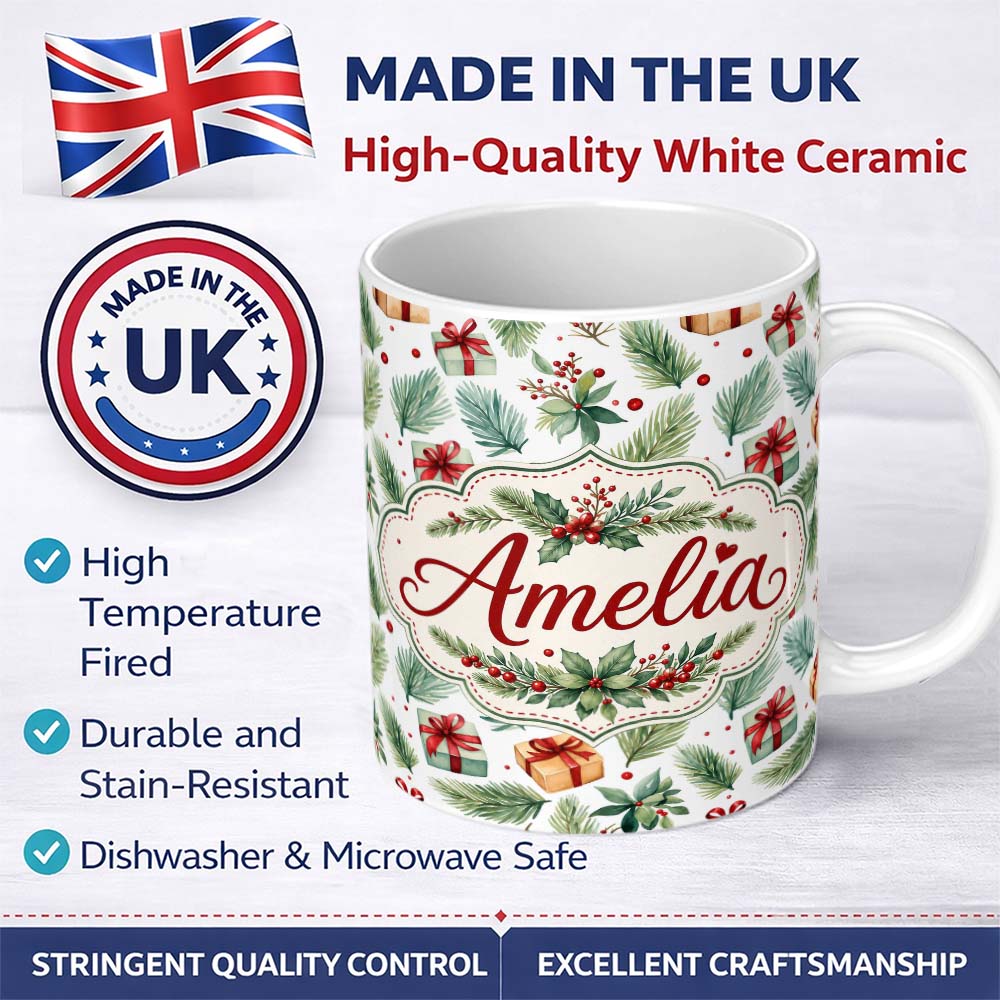 Personalized Custom Name Watercolor Christmas Gifts Pine Branches Holly Berries Seamless 11oz Ceramic Coffee Tea Mug White Large Handle