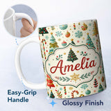 Personalized Custom Name Christmas Trees Ornaments Candy Canes Festive Seamless Pattern 11oz Ceramic Coffee Tea Mug White Large Handle
