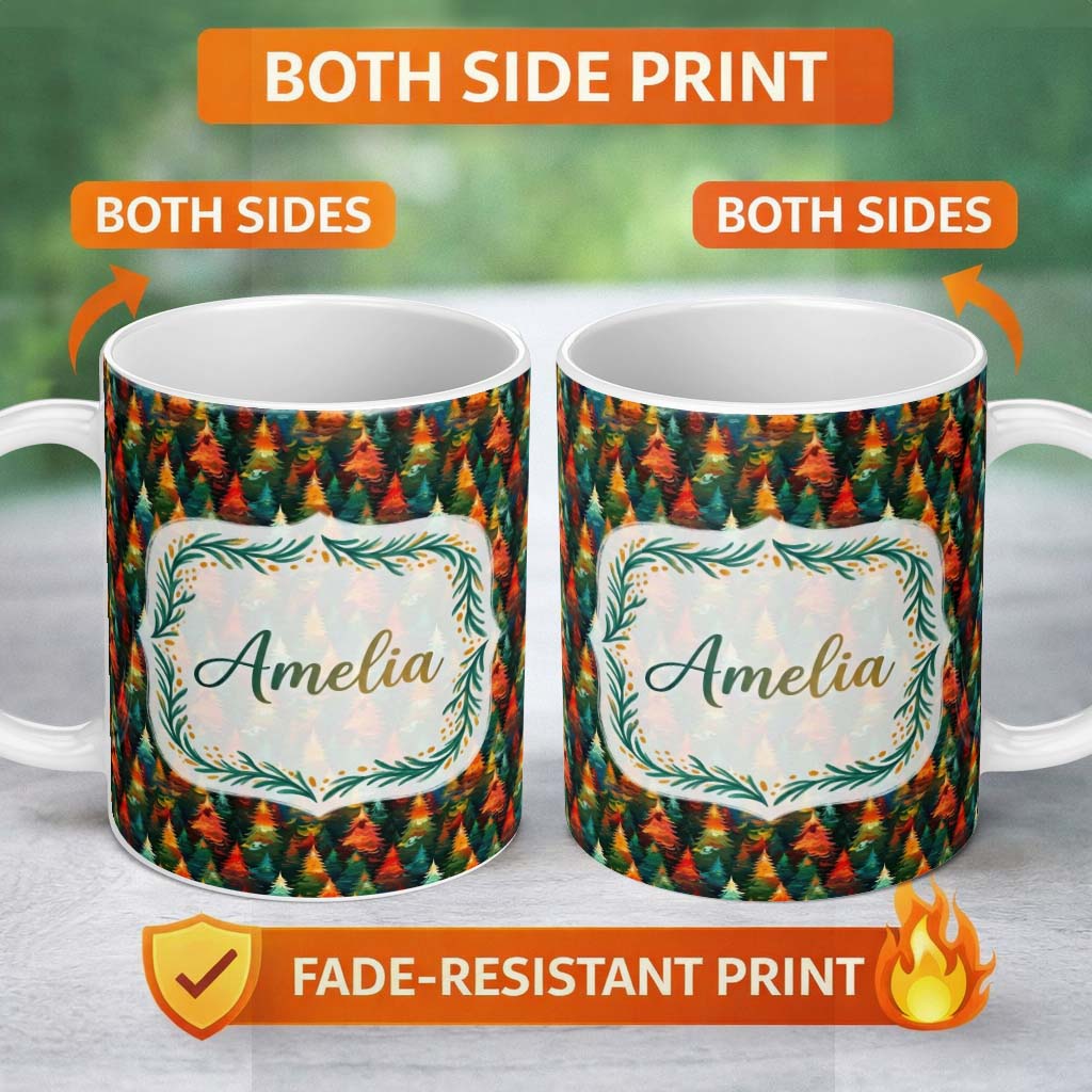 Personalized Custom Name Colorful Artistic Forest Trees Autumn Style Seamless Pattern Lovely 11oz Ceramic Coffee Tea Mug White Large Handle