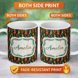 Personalized Custom Name Colorful Artistic Forest Trees Autumn Style Seamless Pattern Lovely 11oz Ceramic Coffee Tea Mug White Large Handle