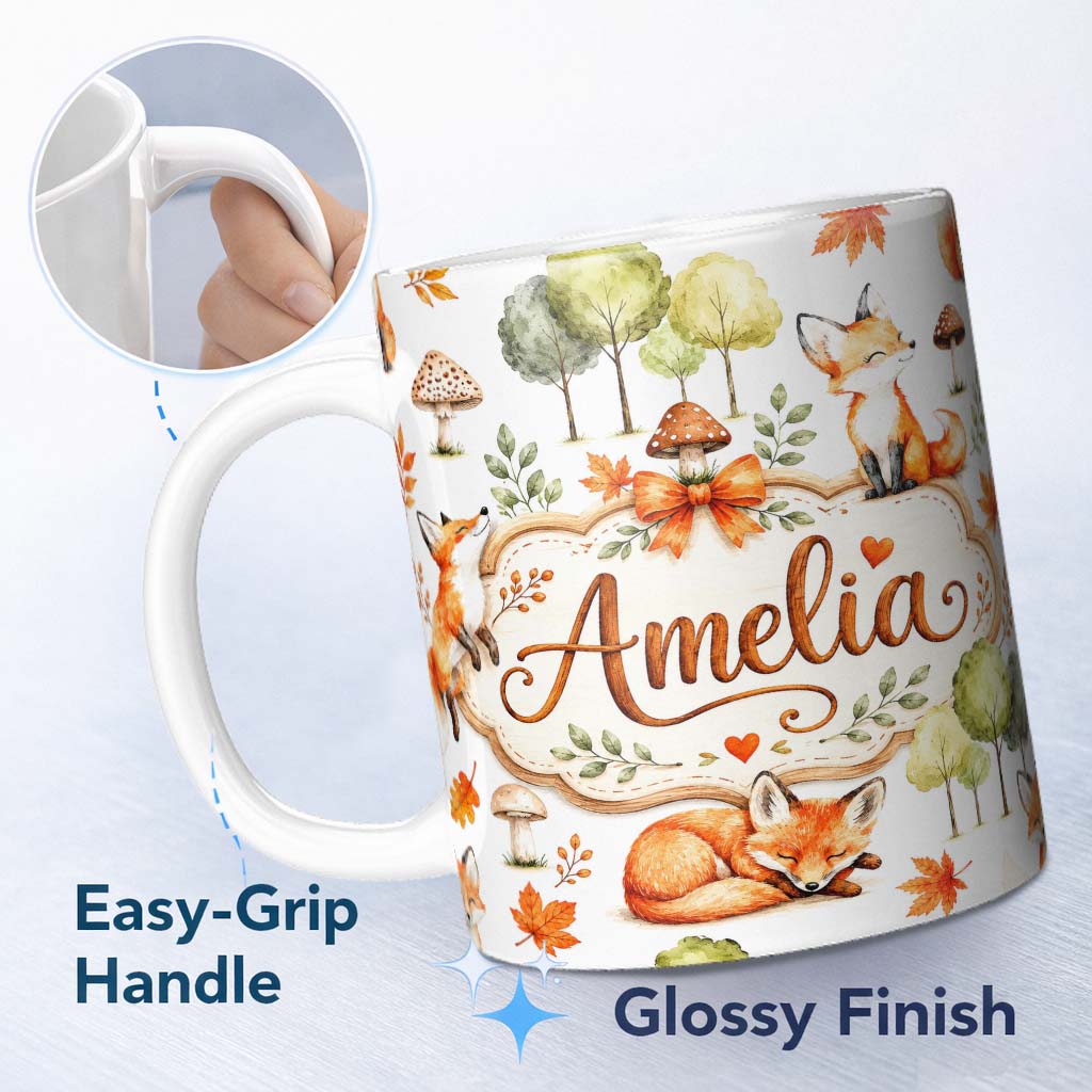 Personalized Custom Name Woodland Fox with Trees Leaves Mushrooms Soft Grey Seamless Pattern 11oz Ceramic Coffee Tea Mug White Large Handle