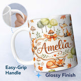 Personalized Custom Name Woodland Fox with Trees Leaves Mushrooms Soft Grey Seamless Pattern 11oz Ceramic Coffee Tea Mug White Large Handle