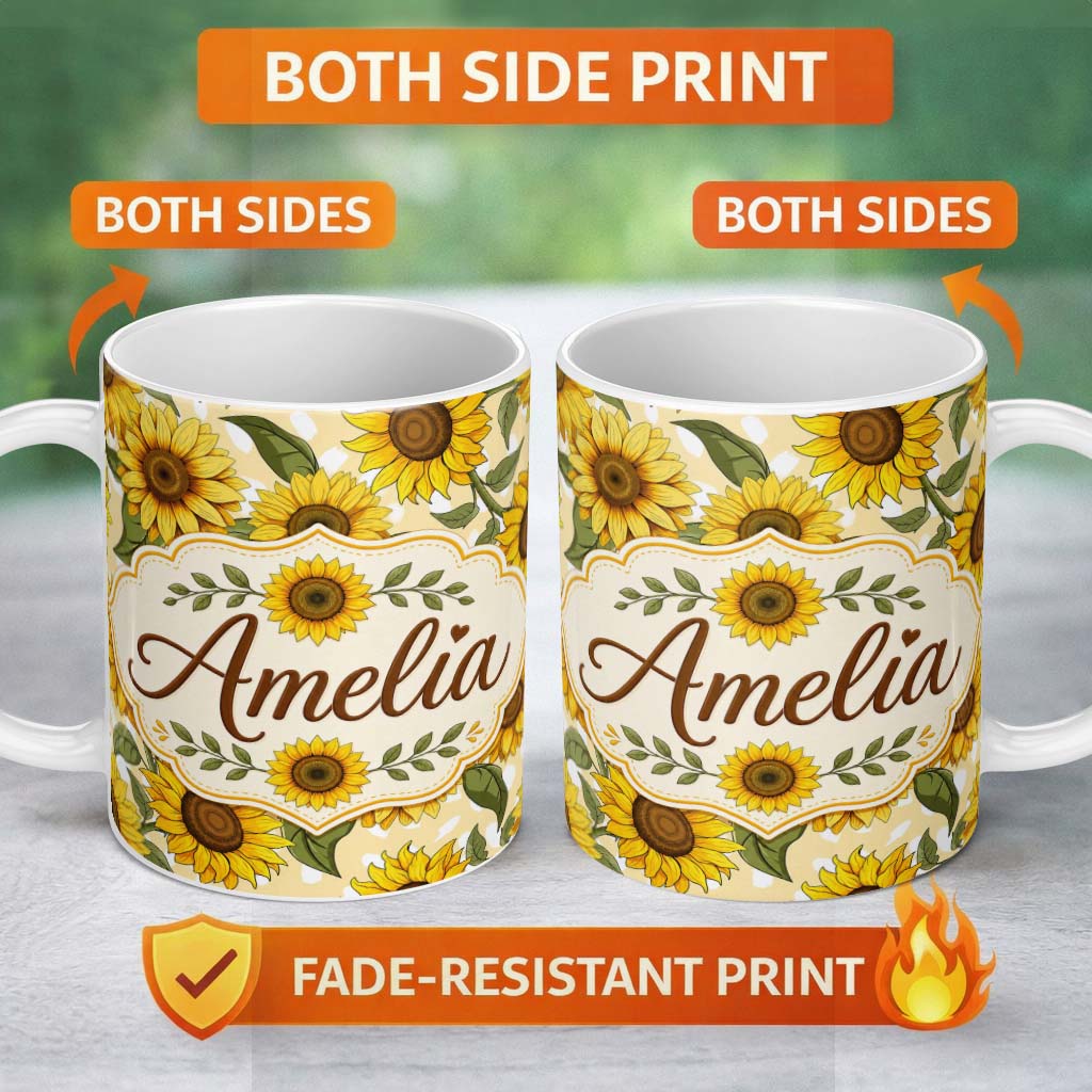 Personalized Custom Name Bright Yellow Sunflower Cream Abstract Background Seamless Pattern 11oz Ceramic Coffee Tea Mug White Large Handle
