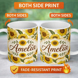 Personalized Custom Name Bright Yellow Sunflower Cream Abstract Background Seamless Pattern 11oz Ceramic Coffee Tea Mug White Large Handle