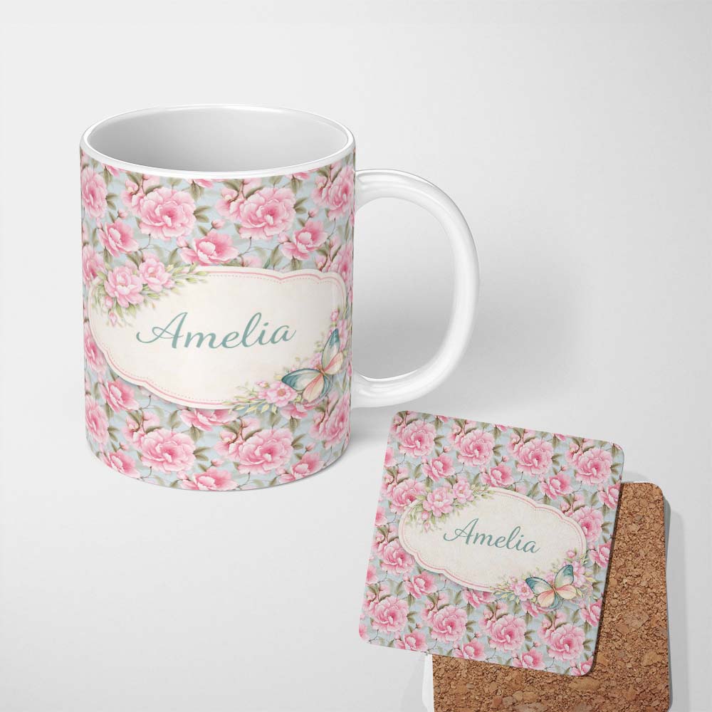 Personalized Custom Name Pastel Pink Peony Floral Light Blue Background Seamless Pattern 11oz Ceramic Coffee Tea Mug White Large Handle