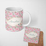 Personalized Custom Name Pastel Pink Peony Floral Light Blue Background Seamless Pattern 11oz Ceramic Coffee Tea Mug White Large Handle